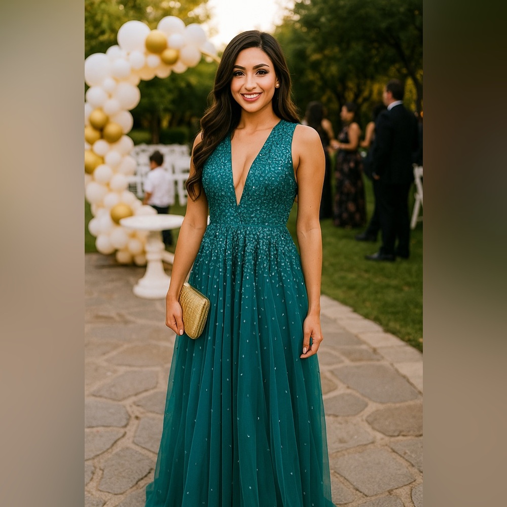 Mac Duggal Deep Teal V-Neck Dress Size 4